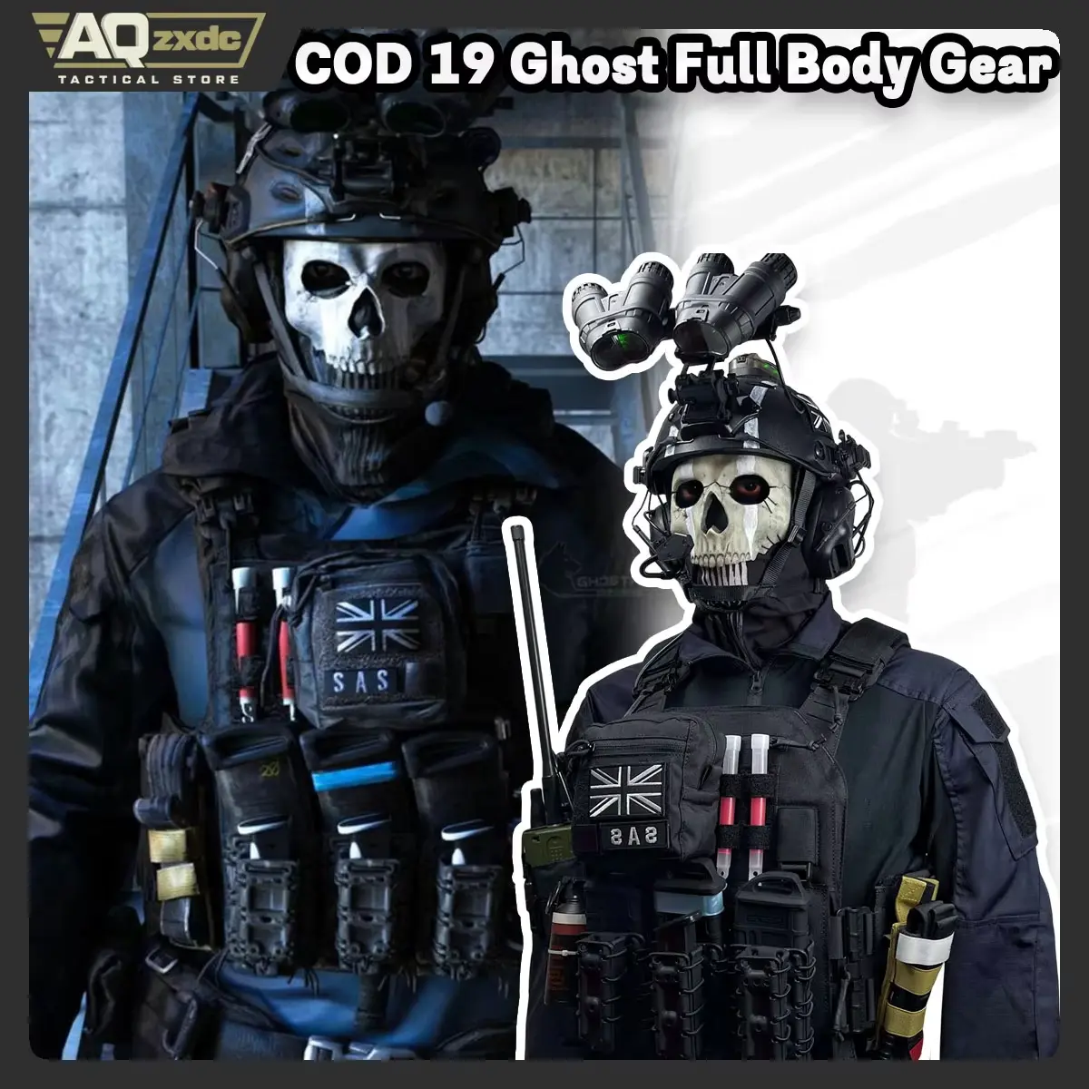 AQzxdc Airsoft Call of Duty 19 Cosplay Night Raid Ghost Tactical Full Set of Equipment, Ghost Tactical Mask Tactical Vest & Hemlet Set