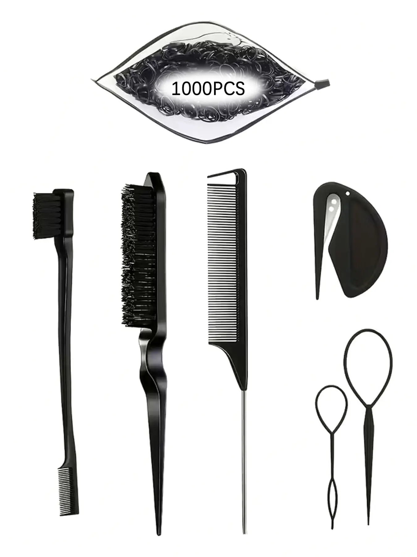The 1006PCS hairband tool set includes 100 leather rings, a 3-piece comb set, 2 hair braids, and 1 rubber band opener, suitable for home, performance, dance, and daily women's hair styling. It is also a hair styling tool set Kit Hair Tools