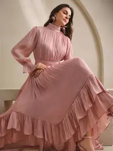 Women's New Elegant Elegant High-End Ageless Solid Color Retro Flare Sleeve Asymmetrical Ruffle Hem Dress