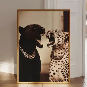 Panther And Leopard Print, Chic Trendy Gold Animals Artwork, Maximalist Cheetah Poster, Luxury Large Room Printable Wall Art Poster (UNFRAMED)