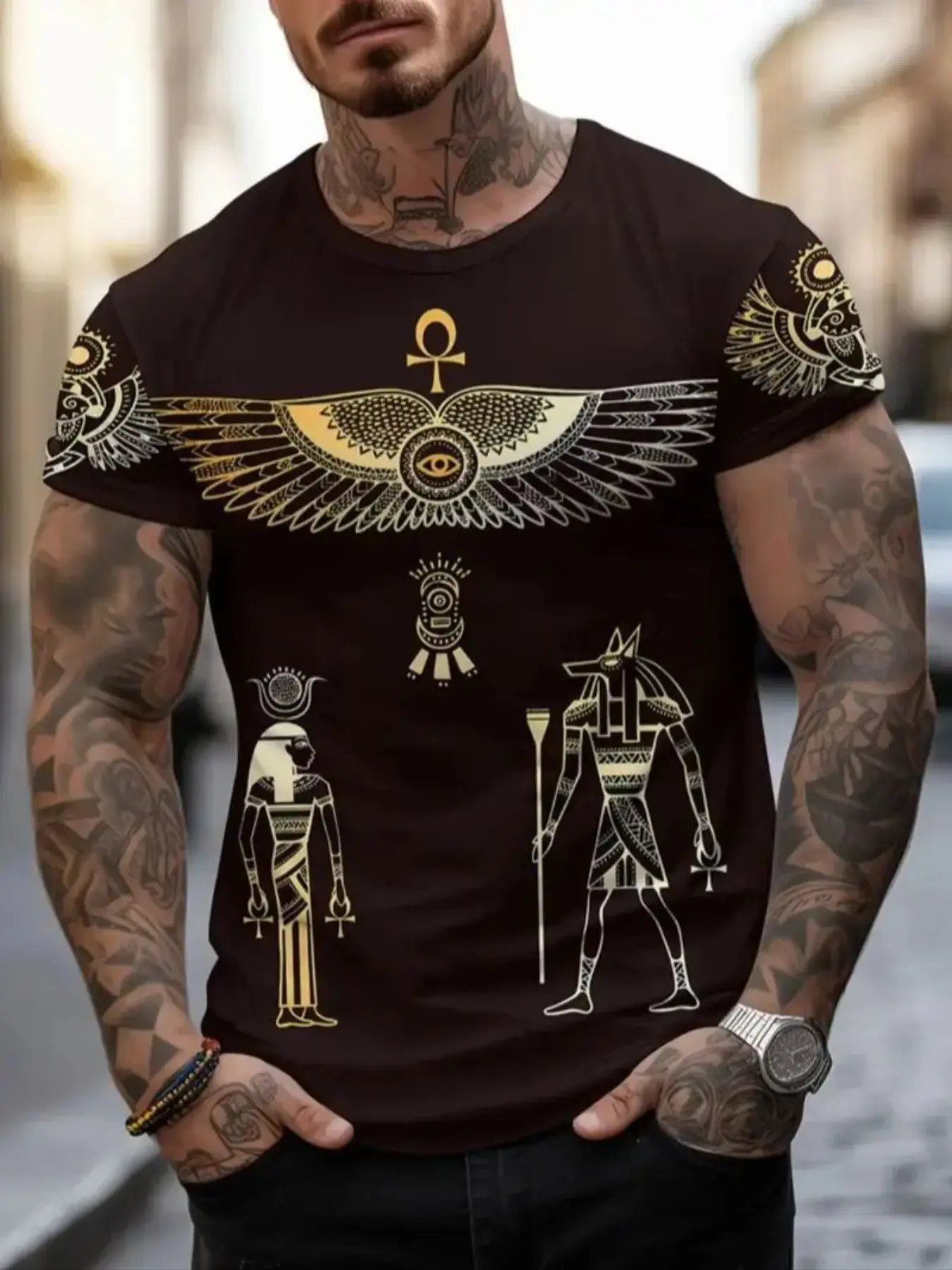 Men's Egyptian 3D Print Knit T-Shirt Fabric, Lightweight Thin Fitted Short Sleeve Round Neck Crewneck Tee, Hieroglyphic Graphic Design, Casual Streetwear for Summer Parties Outdoor Activities