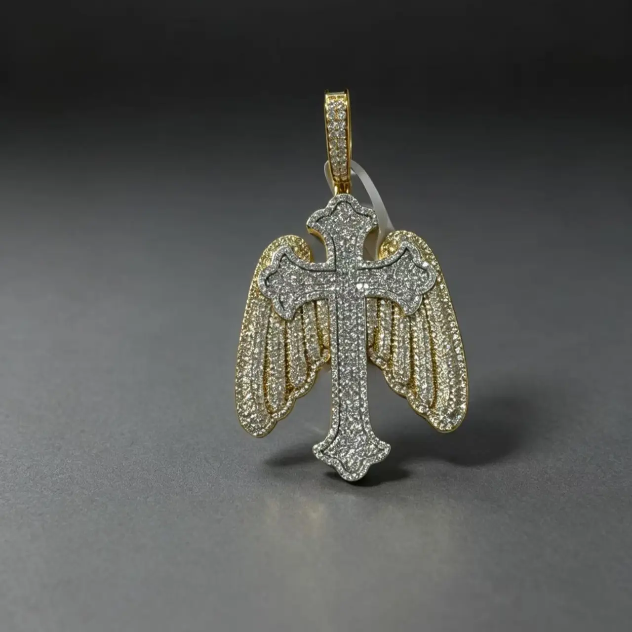 Iced Out Winged Cross Moissanite Necklace with Metal Coating, Sparkling Finish (M2-8077) - Street, Casual, Daily Wear Costume Jewelry Charm for Edgy Fashion Lovers