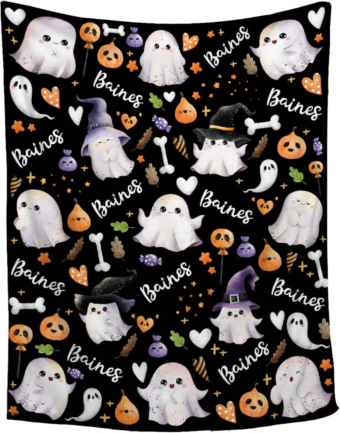 Cute Ghost Halloween Throw Blanket, Soft Flannel Plush Blanket with Kawaii Ghost Witch Hat Pumpkin Candy Bone Heart All‑Over Print, Lightweight Cozy Decorative Blanket for Couch Sofa Bed Dorm Halloween Party Home Decor 5 Bullet Points