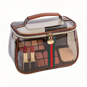 Retro Vintage Large Capacity Vanity Bag, Waterproof Transparent Travel Toiletry Bag for Women, Portable Multifunctional Cosmetic Makeup Organizer, Skincare Storage Case for Daily & Travel Use, Lightweight Ladies Carry Pouch (Brown)