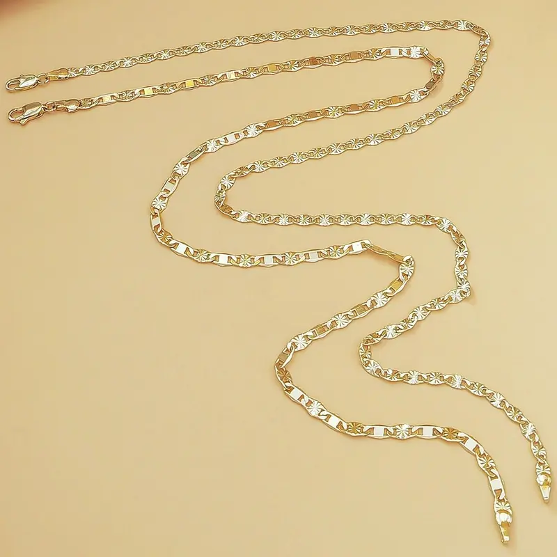 14K Gold & Silver Two-Tone Sunburst Engraved Flat Link Chain Necklace, Dainty Carved Star Cut Thin Layering Chain for Women, Tarnish Resistant Stainless Steel Jewelry