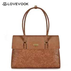 【Valentine's Day Gift】LOVEVOOK Retro Laptop Bag, Clamshell + Rotating button Design, PU Leather Women's Work Handbag Crossbody Bag, Waterproof Business Office Professional Handbag Shoulder Bag, Suitable for Most 15.6-inch Computers,TikTokShopJumpstartSale