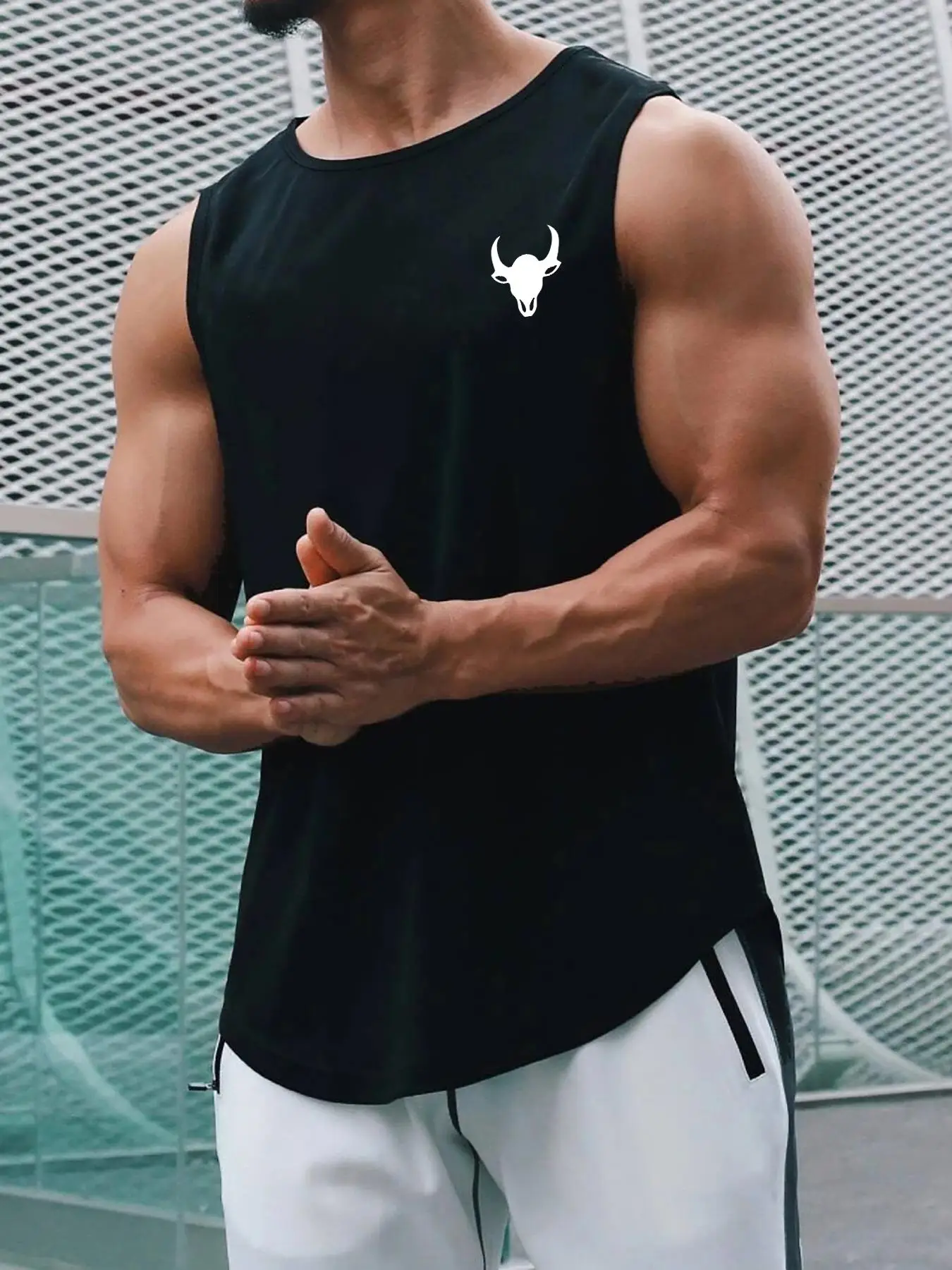 Men's Bull Head Print Round Neck Tank Top, Regular Fit Casual Sleeveless Crew Neck Top for Daily Outdoor Wear, Summer Outfits 2024, Breathable Men's C