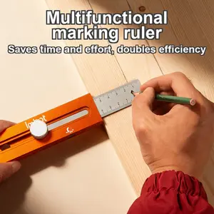IMBOT Pocket Size Multi-function Woodworking Marking Ruler, Adjustable Stainless Steel Slide Rule with Dual Spirit Level Bubbles, Magnetic Aluminum Alloy Precision Layout Measuring Tool for Depth, Right Angle & Strip Marking, Carpenter DIY Hand Tool