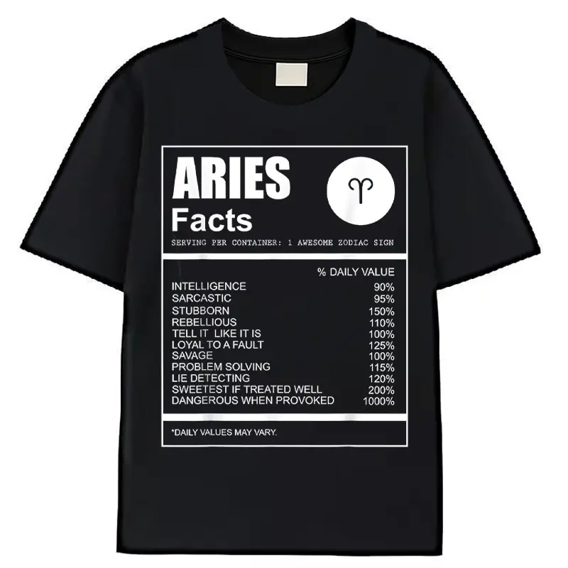 Men's 100% Premium Soft Cotton Funny Aries Zodiac Printed T-Shirt - Retro Graphic Round Neck Shortsleeve, Machine Washable Menswear, 1 Size Casual Year-Round Apparel, Astrology Gift for Him