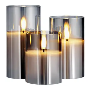 【DealsForYouDays】VEVOR Gray Flameless Candles Set of 3, Battery-Operated LED Candles with 10-Key Remote & Timer, Real Wax Warm Flickering Light for Festival, Wedding Home Decor