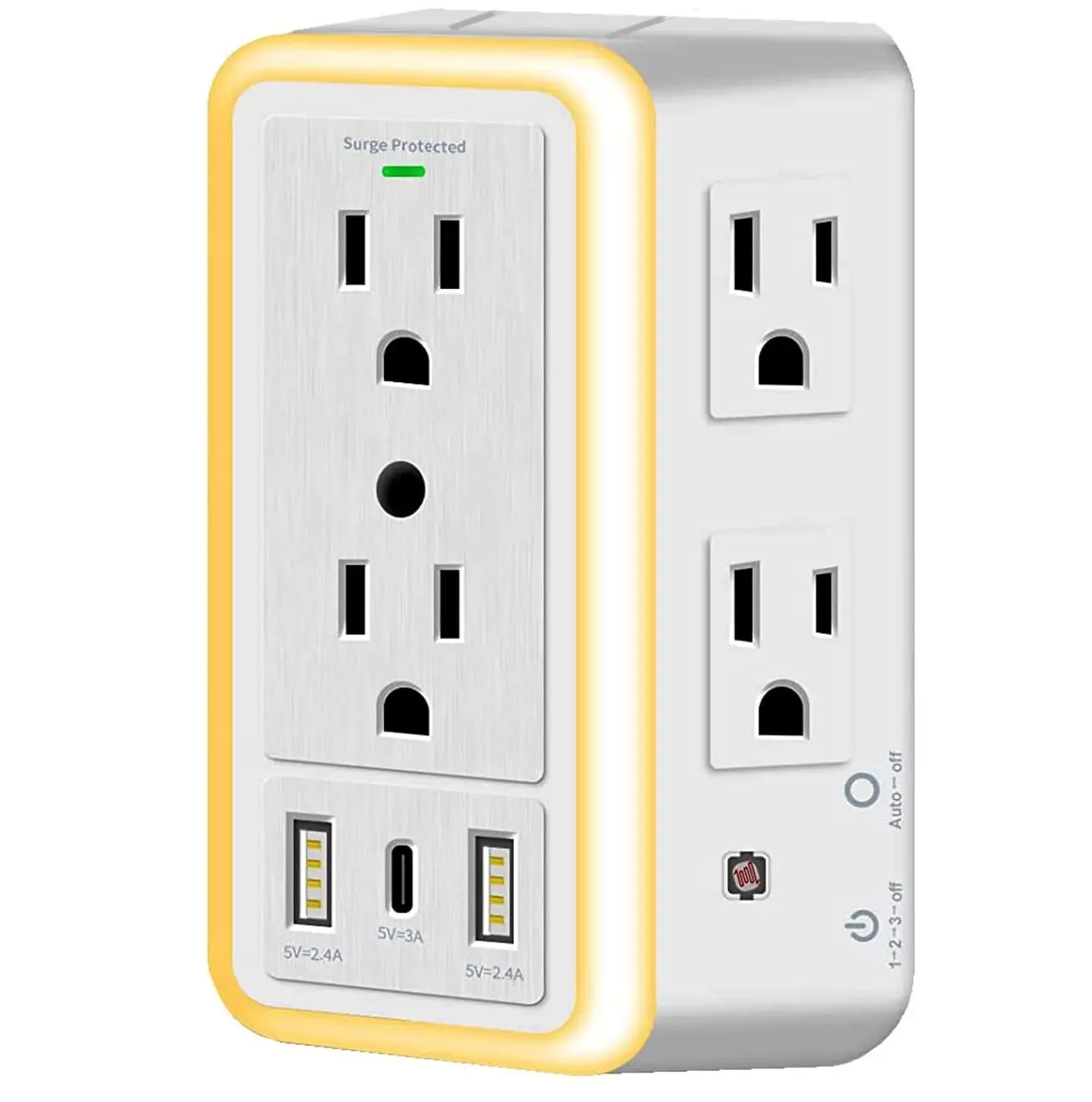 Multi Plug Outlet Surge Protector - POWRUI 6 Outlet Extender with 3 USB Ports (1 USB C) and Night Light, 3-Sided Power Strip with Adapter Spaced Outlet