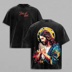 Vintage Washed Jesus Christ Son of God Double Sided T-Shirt, Oversized Retro Distressed Christian Religious Graphic Tee, Y2K Streetwear Aesthetic, 100% Cotton Casual Short Sleeve Top, Colorful Splash Art Jesus Prayer Print Summer Outfit for Men Women,, Sh