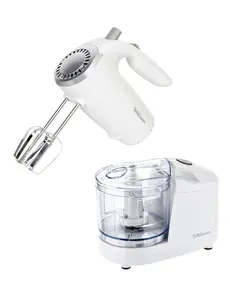 Betty Crocker 2-Piece Kitchen Appliances Combo: 5-Speed Hand Mixer with Food & Vegetable Chopper, 150W Mixer, Chrome Beater & Whisk Attachments, 100W Food Processor with Plastic Bowl, BC-7222W, White