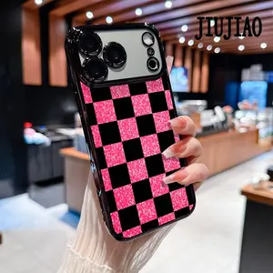 Trendy black and purple checkered Pattern Soft silicone Phone Case for iPhone 17 Pro Max Air 16 Pro Max 15 Plus 14 13 12 11 All-inclusive lens Anti-drop Transparent Electroplated Protective Cover