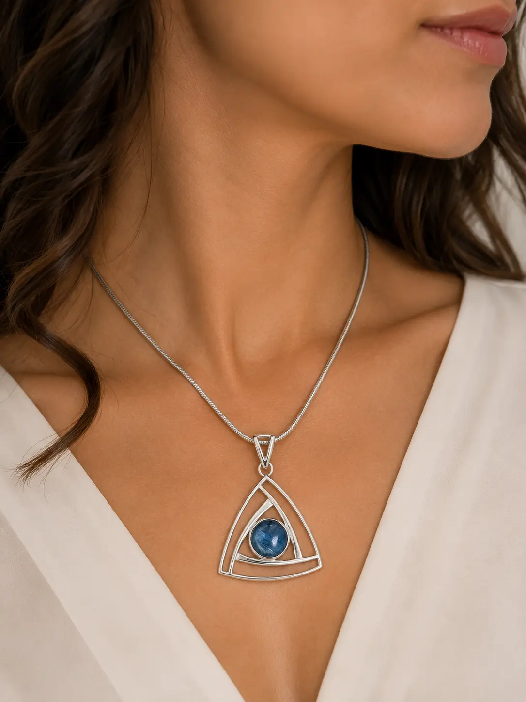 Blue Kyanite Semiprecious Stone Sterling Silver Pendant, Jewelry Accessory for Neckwear