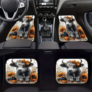 4pcs Autumn Pumpkin Horn Car Floor Mat Set - Car Interior Accessory Crystal Velvet Anti-Slip Mats with Highland Cow & Pumpkin Design, Fit for Cars, Trucks, SUVs - Easy Clean, Durable, All-Season Protection, Gift for Pet Owners & Fall Decor