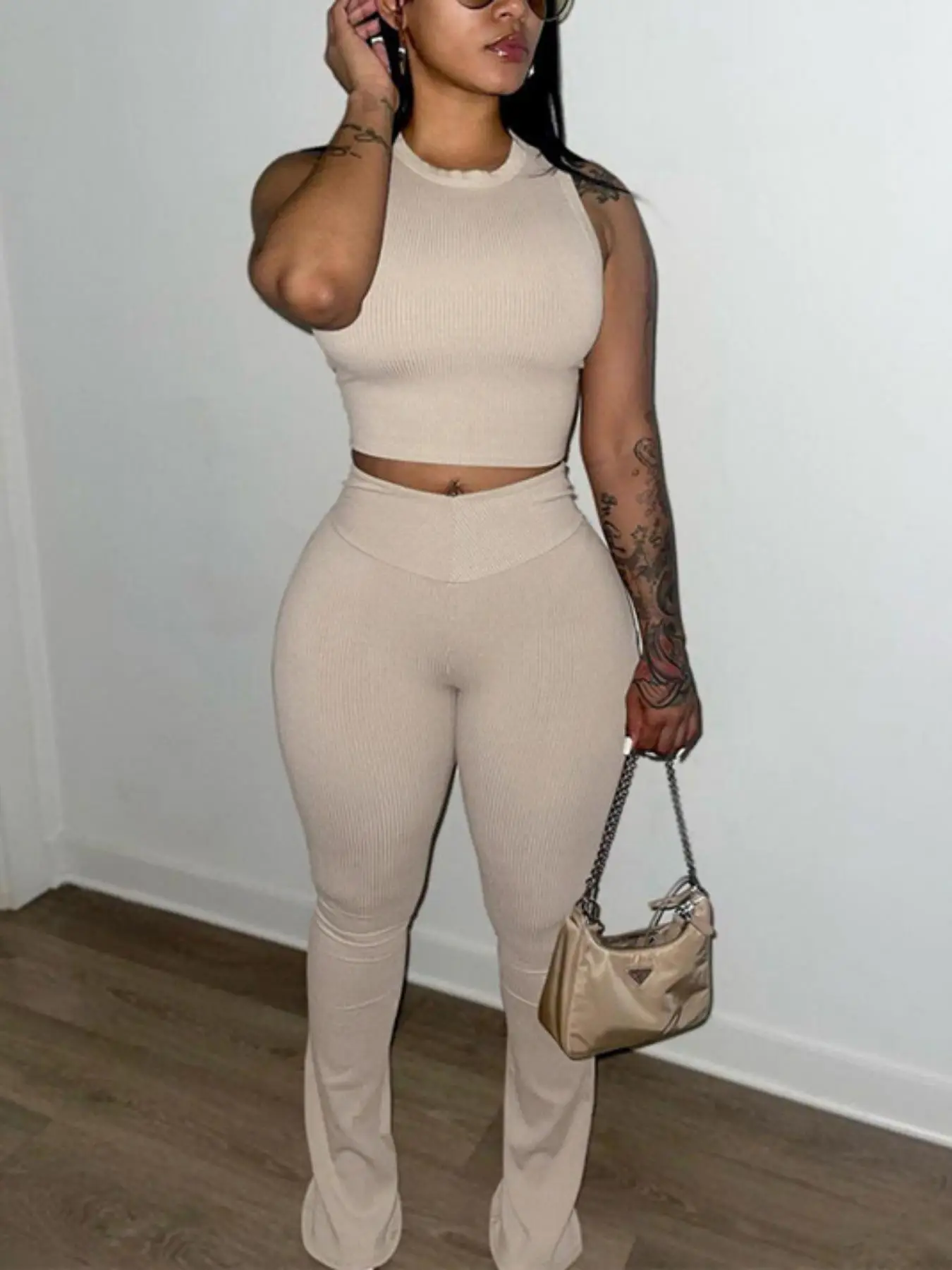 Women's Solid Crop Tank Top & High Waist Pants Set, Casual Fashion Cozy Ribbed Two Piece Outfits For Daily Wear, Back To School Outfits, Two Piece Set