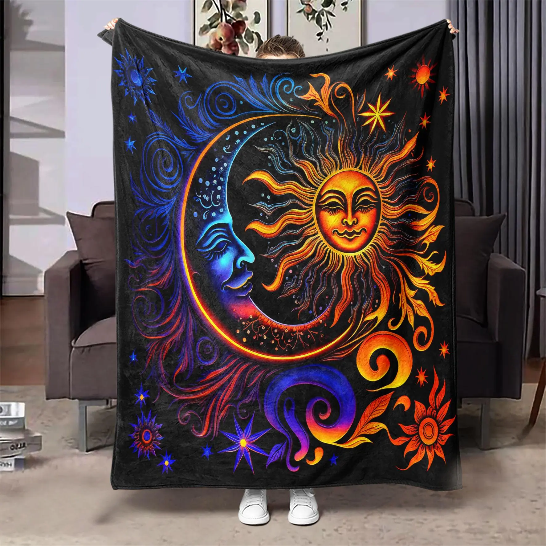Sun & Moon Pattern Soft Blanket, 1 Count Colorful Soft Throw Blanket, Air-conditioned Room Blanket, Warm Nap Blanket for Home Office Travel Camping