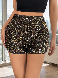 Women's High-Waisted Short Pants, Contrast Sequins Design, Slim Fit Street Style, Glitter Sequins Shorts, Perfect for Parties & Night Out