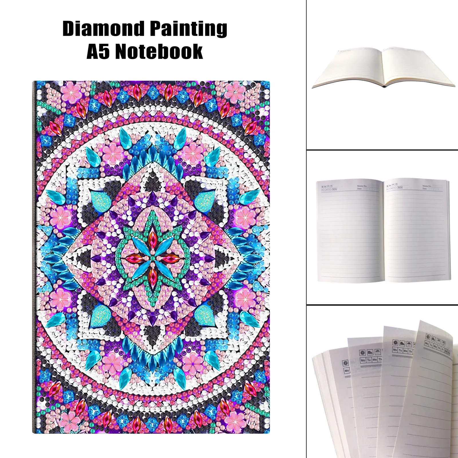 A5 Diamond Painting Notebook - Soft PU Leather Crafting Journal, Flexible Wear-Resistant Cover with Mandala Floral Patterns, DIY Special-Shaped Rhinestone Notebook for Students, Elegant Exquisite Handmade Gift for Birthdays