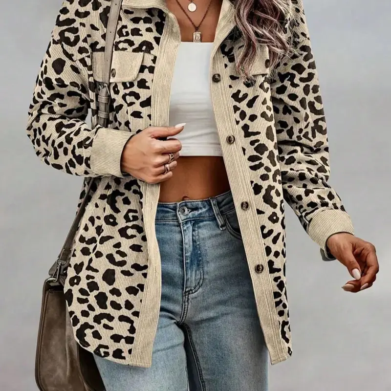 Women's Leopard Print Button Front Drop Shoulder Coat, Casual Fitted Long Sleeve Collared Outerwear for Spring & Fall, Ladies Clothes for Daily Wear, Casual Jacket, Casual Fashionable Jacket, Casual Style Outerwear, Drop Shoulder Jackets