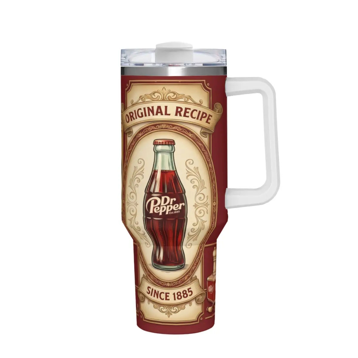 Vintage Soda Bottle Label Tumbler with Deep Red Antique Frame and Scroll Ornament Art, Insulated Travel Mug with Anti-Slip Handle and Straw Lid for Daily Use