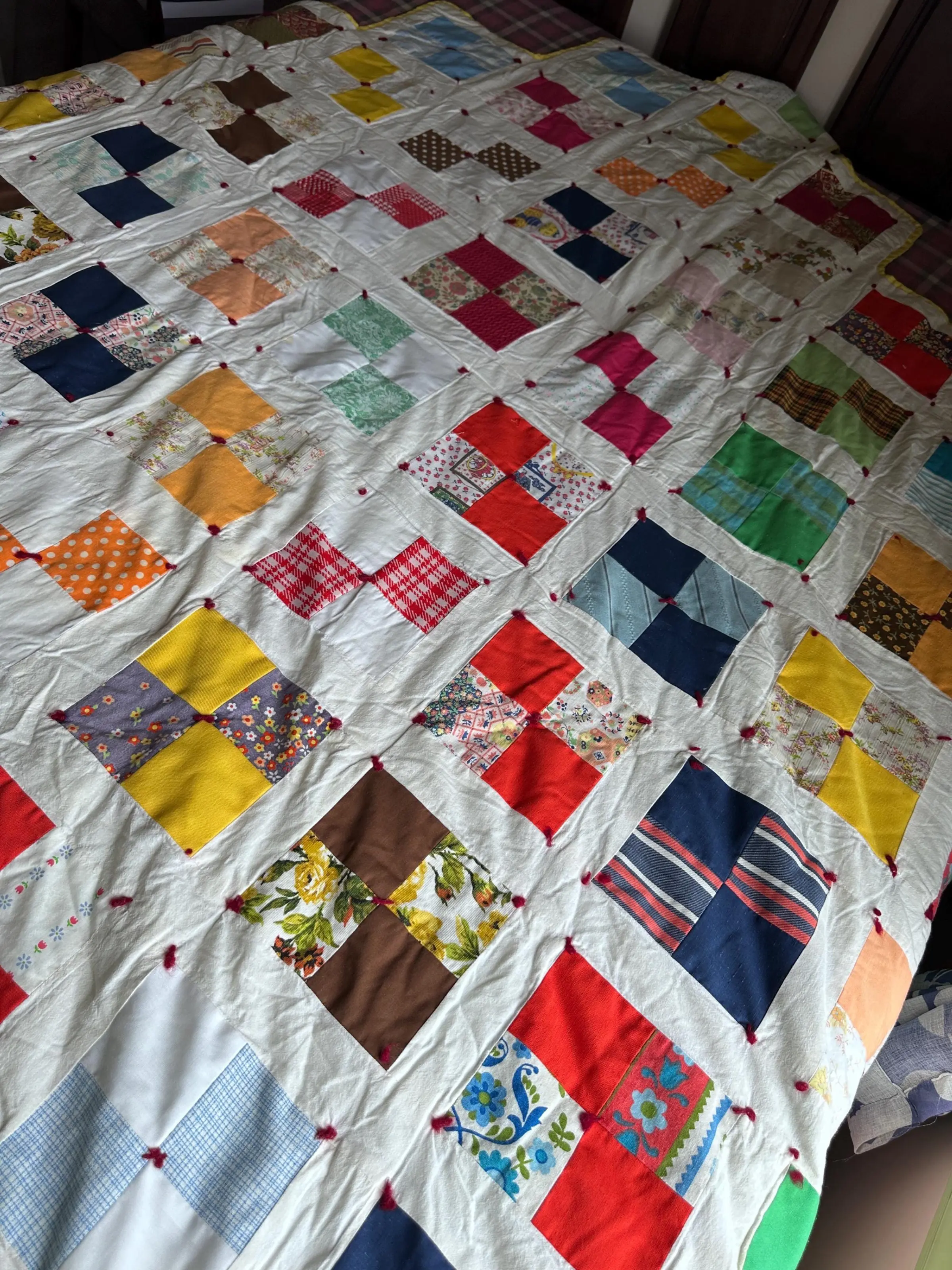 Vintage Hand-Sewn Patchwork Quilt with Extended “T” Border – Folk Art Memory Quilt – 88” x 96”