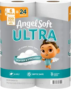 Toilet Paper 2 Ply – Angel Soft Ultra Mega Rolls, Soft, Durable & Absorbent Bathroom Tissue (6 Rolls = 24 Regular Rolls)
