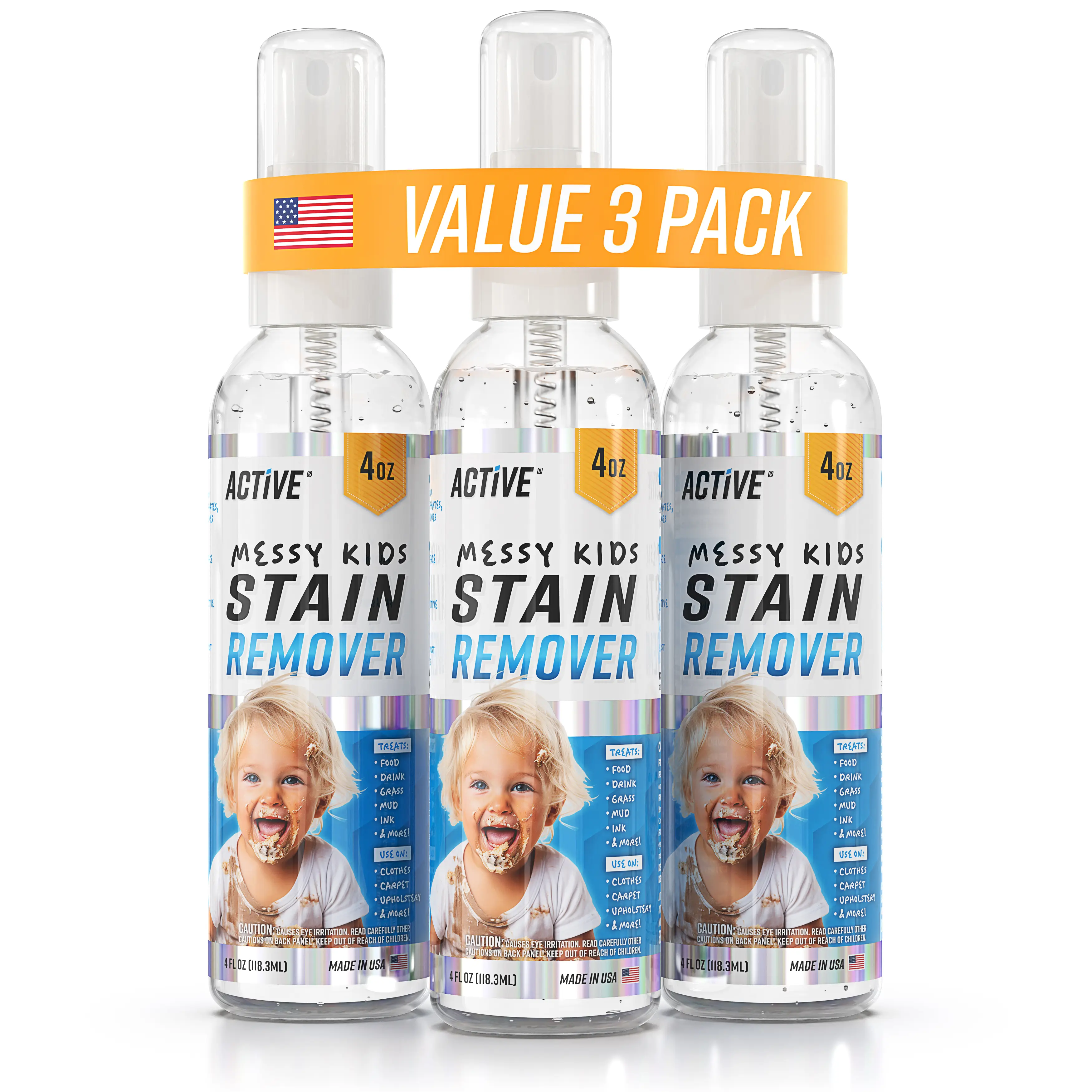 3 PACK ACTIVE Messy Kids Stain Remover Spray Laundry Spot Cleaner, Natural Stain Treater Spray for Baby Clothes Fabric, Toddler Clothing, Rescue Mess Removal for Food, Oil Stains, Great for Travel - 4 oz