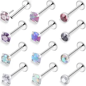 18G 20G Threadless Push in Nose Rings Studs 6mm 7mm Bar Surgical Steel Flat Back Opal Cartilage Tragus Helix Earrings Stud Lip Larbret Ring Piercing Jewelry for Women Men Opal 2MM 2.5MM 3MM