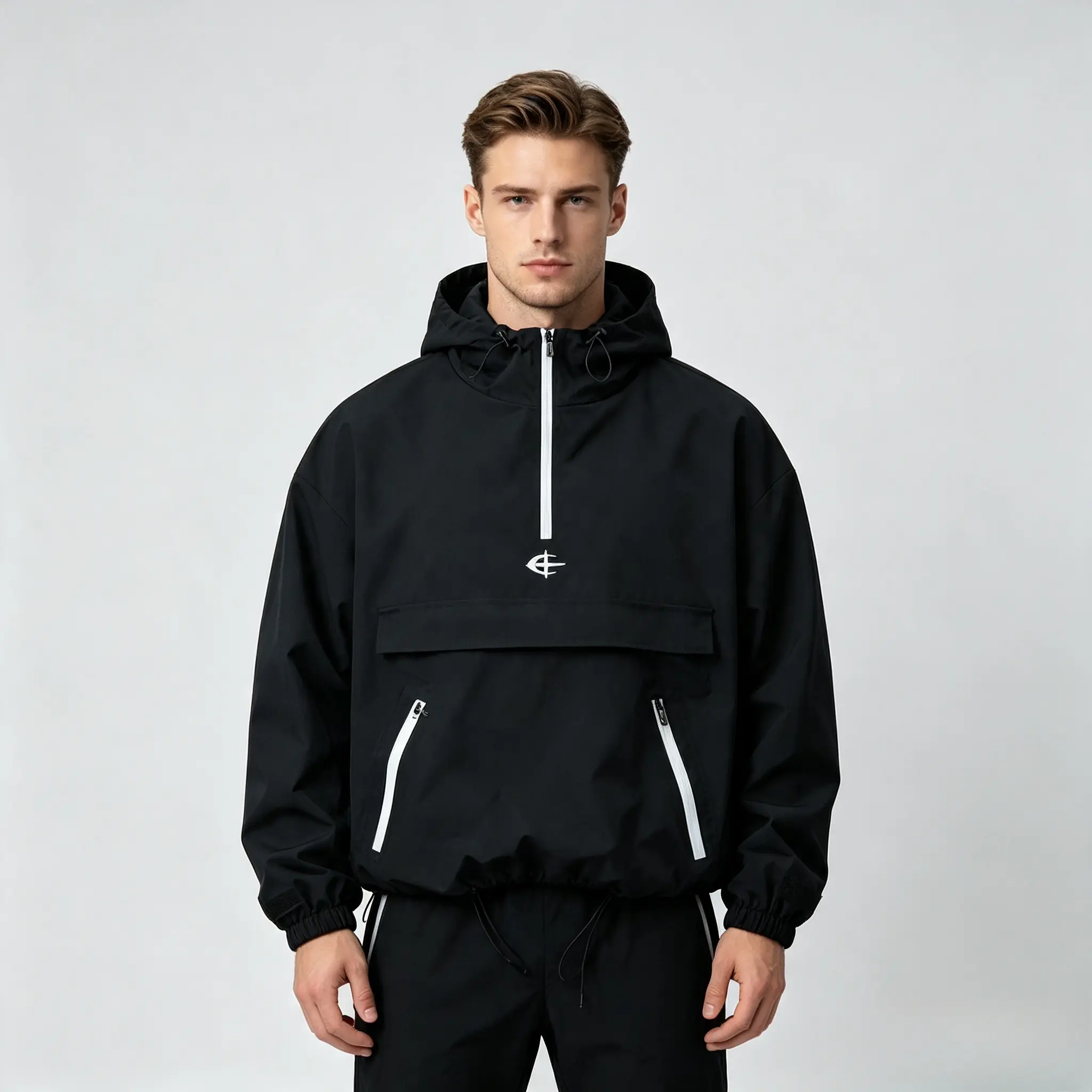 Black men’s casual half-zip hooded pullover outdoor jacket, loose street-style windbreaker with large cargo pockets and a drawstring hem, suitable for young men. Menswear