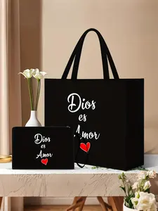 Elegant Women's Tote Bag Set, Large Capacity Handbag & Makeup Pouch, Heart Letter Pattern, Multifunctional Shopping Bag, Ideal Gift for Women, Suitable for Daily Use/Birthdays/Holidays/Vacations/Beach/Travel/Commute, Valentine's Day Gifts