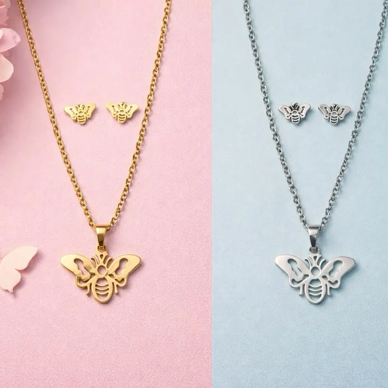 Stainless Steel Bee Necklace & Earring Set - Gold & Silver Color Options - Perfect for Everyday Wear