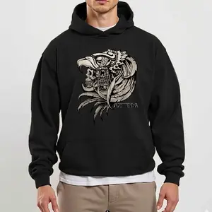 Aztec Eagle Warrior Skull Hoodie - Ancient Mexican Culture Graphic, Fleece Fabric Pullover Unisex Casual Streetwear Trendy Top for Men for Women