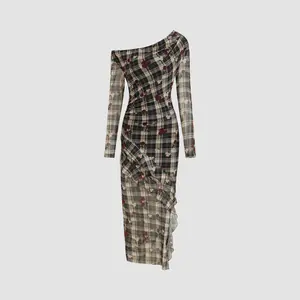 Cider [size 0-10] Mesh Asymmetrical Neck Floral Checks Ruffle Hem Maxi Dress Dealsforyou