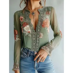 GGFL Women's Bohemian Sexy Lace Patchwork Deep V Neck High Quality Fitted Embroidered Floral Print Spring Pullover Shirt, Elegant and Stylish Top