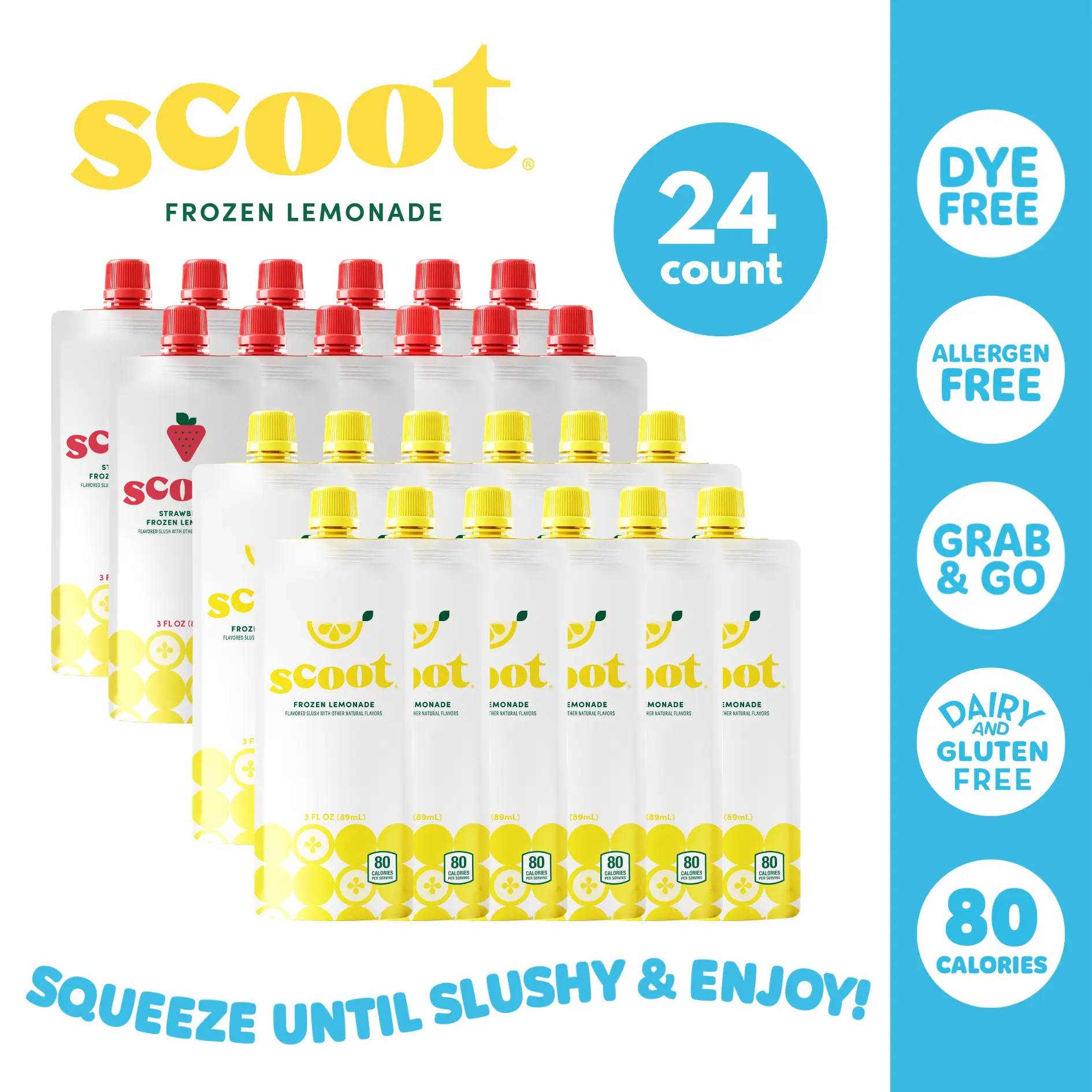 Scoot Frozen Lemonade 24-pack Variety Pack Original & Strawberry | Dye Free | Allergen Free | Kids Frozen Treat | Grab & Go Slushie | Fruit Beverage