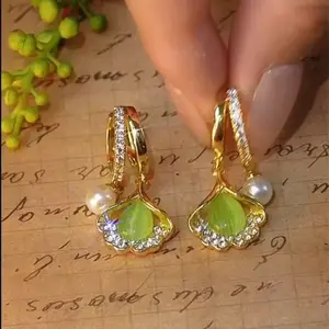 Ginkgo Leaf Hoop Earrings 14K Gold Plated Retro Inspired Design, French Style Elegant Statement Jewelry Fashion Earrings for Women Crystal Accents DZEH2324