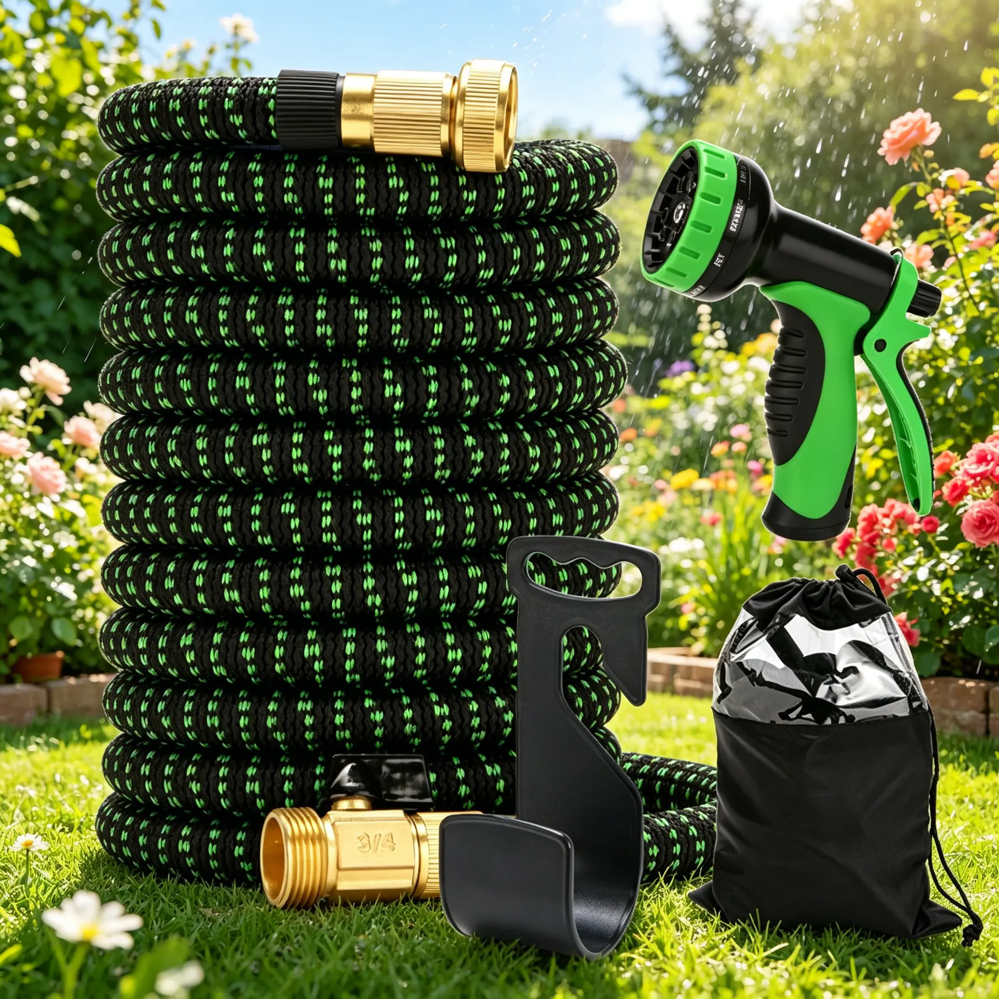 Expandable Flexible Water Hose 100FT Latex Core with 3/4" Solid Brass Fittings 4X Burst Pressure Anti-Kink Lightweight Design for Yard Car Wash Pet Bath Garden Watering System