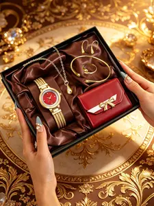 7pcs Mother's Day Gift Set, Accessories Set, Luxury Gold Watch + Jewelry + Wallet Box, Elegant Analog Quartz Watch, All Seasons Gift for Her