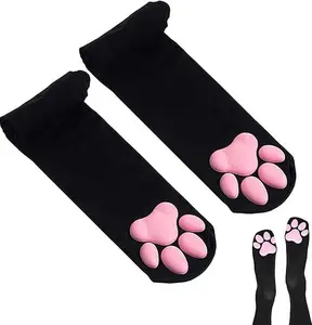 Cat Paw Socks, Thigh High Soft 3D Paw Pad Toe Beans Stockings for Women Cat Cosplay Cartoon Cute Print