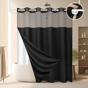 No Hook Shower Curtain and Snap in Liner Set Black Tufted Chevron Striped Cloth Waterproof Washable Fabric Boho Bath Curtain with See Through Mesh Top Window for Bathroom Hotel 71" x 74"