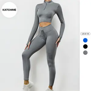 KatchMe Womenswear Athletic Round Neck Zipper Crop Top & Yoga Shaping Trousers Co-ord,Butt-Lifting Shapewear,Two-Piece Outfit for Fall & Winter