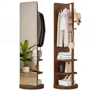 Full Length Mirror with Coat Rack & Storage Hooks, Solid Wood Standing Floor Mirror, Multifunctional Dressing Mirror for Bedroom & Living Room, Space Saving Home Décor Furniture