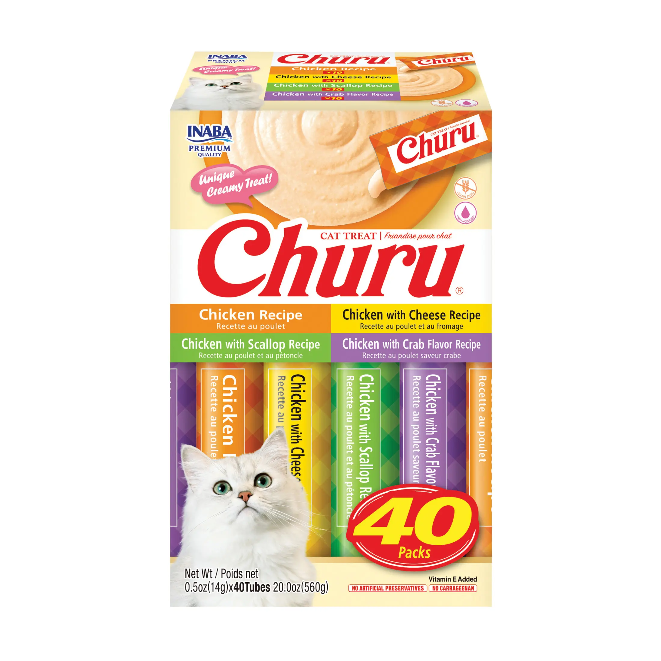 Inaba Churu Creamy Lickable Wet Cat Soft Treats - 0.5 oz, 40 Tubes, Chicken Flavor Variety