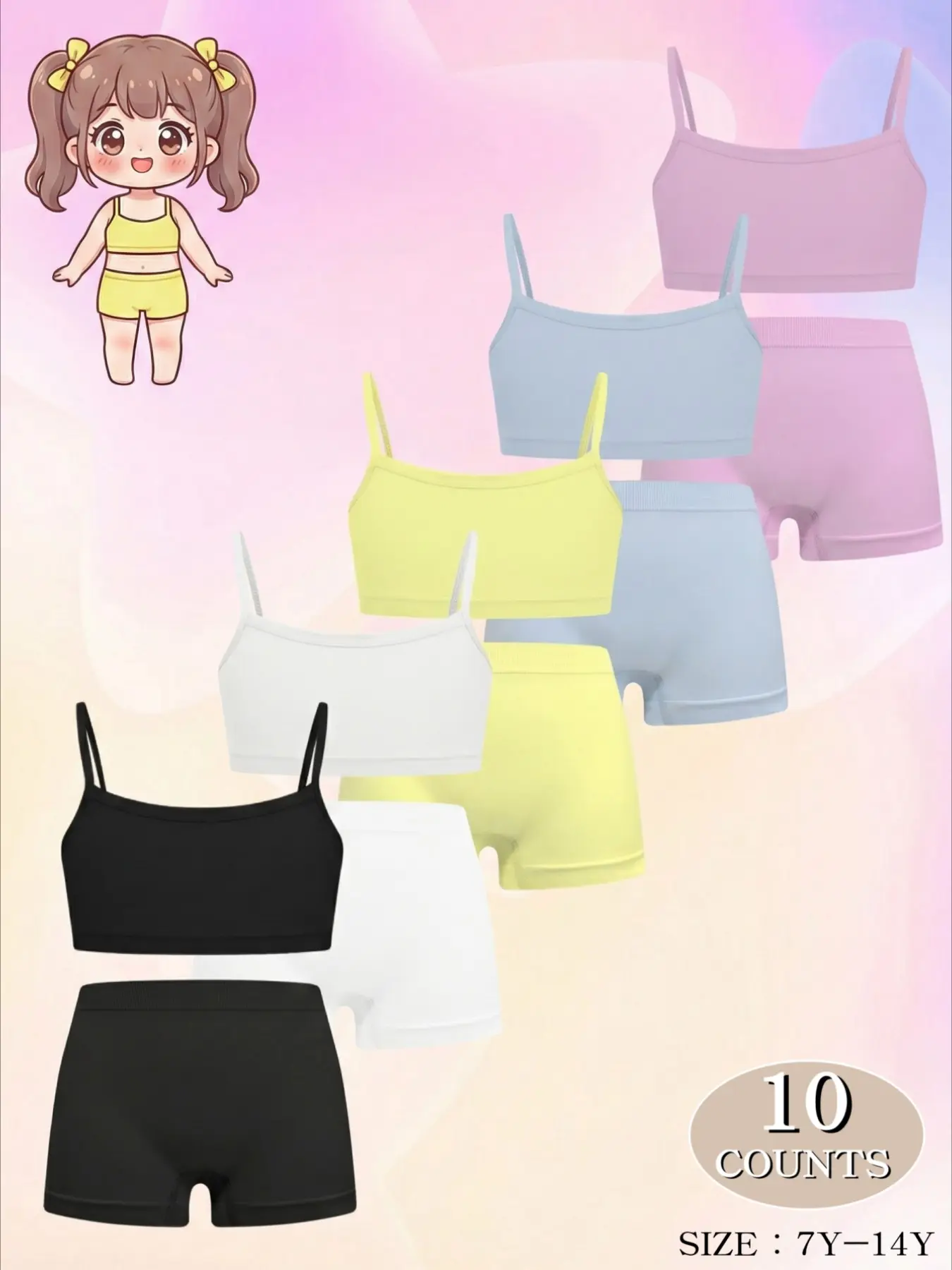 2/6/10 Pcs solid-color girls' camisole bra + boxer briefs set, Youth Underwear, Tween bras, teen bras, multiple sizes available (7Y-14Y), daily casual wear, comfortable breathable, wearable all year round