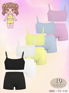 8/10 Pcs cute solid-color girls' camisole bra + boxer briefs set, multiple sizes available (7Y-14Y), suitable for teenage students, daily casual wear, comfortable and breathable girls' camisole bra and underwear shorts set, wearable all year round