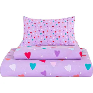 3 Pieces Girls Purple Twin Sheet Set - Soft Microfiber Fitted Flat Sheets & Pillowcase - Colorful Hearts Printed Bedding Sets for Kids & Toddlers