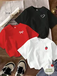 Unisex 3 Pack Minimalist Graphic Tees 2026 Trendy Heart Bow Strawberry Print Short Sleeve T Shirts Y2K Aesthetic Casual Summer Tops Soft Comfy Vintage Streetwear Going Out Outfits Multi Color Available Tops