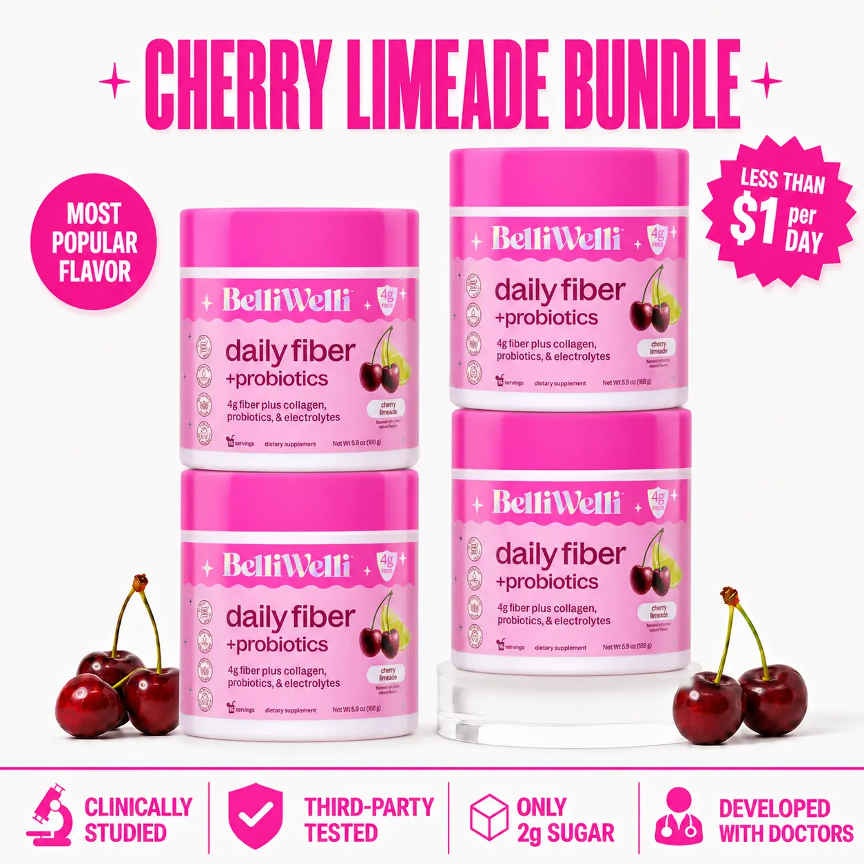Cherry Gut Wellness Dietary Supplement Bundle with Electrolytes, Fiber, Collagen & Digestive Support
